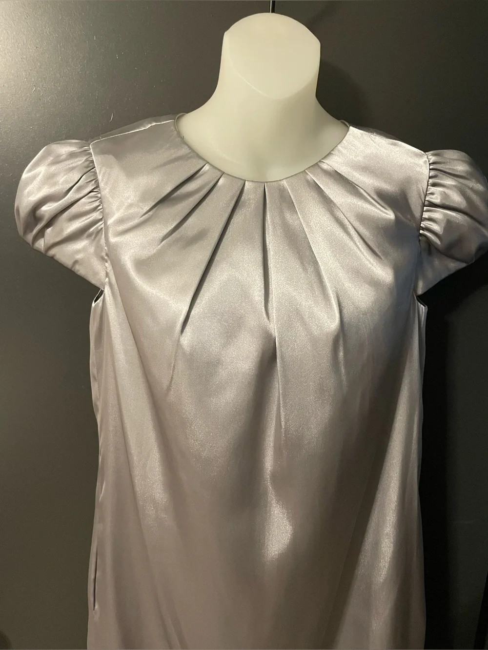 London Times Silver Satin Puff Sleeve Shift Dress Size 6 MCM vibes